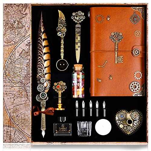 NC Feather Pen Ink Set, Includes Quill Pen, Notebook, 5 Replaceable Nibs, Stamp, Spoon, Wax Beads, White Wax, Ink, Pen Holder, Cup, Envelope, Letter Paper