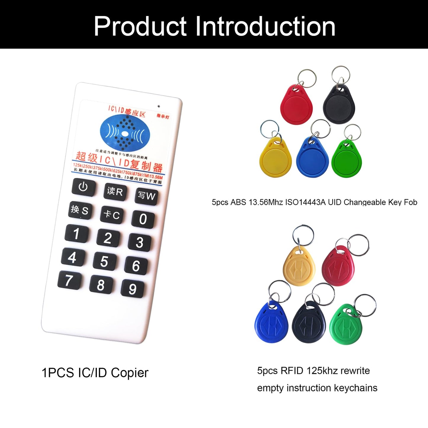 RFID 125khz ID 13.56mhz IC Copier Reader Writer for EM4305 T5577 UID Changeable Tag+5pcs T5577 125khz keyfobs and 5pcs uid 13.56mhz Changeable keyfobs