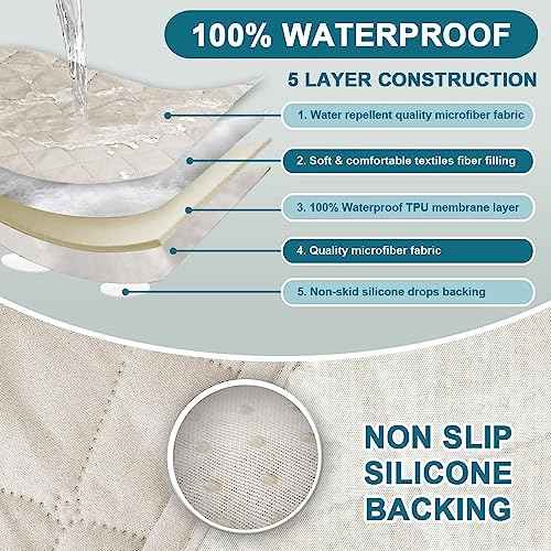 Turquoize 2 Pack Waterproof Armrest Covers for Chairs and Sofas - Couch Arm Covers with Side Pocket Anti-Slip Furniture Protector Washable Armrest Slipcovers, Ivory