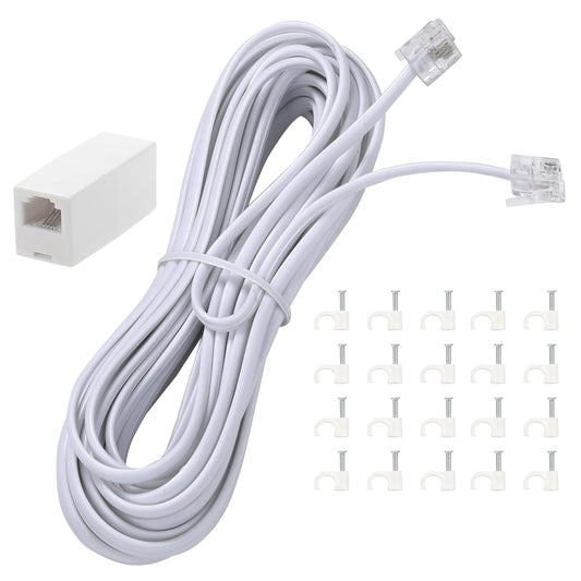 25 Feet Long Telephone Extension Cord by [Brand Name] - Standard RJ11 Plug, In-Line Couplers & Cable Clips | White