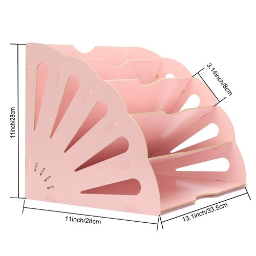 File Folder Holder Wood Organizer 5 Compartment, File Sorter Wood Buckle Design Desktop Fan-Shaped Mail Letter Document Magazine File Assembly Divider DIY Office Tabletop Storage Box (Pink)