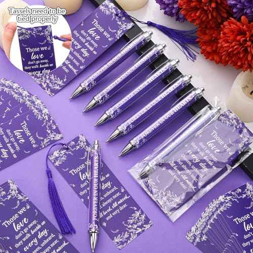 60 Set Memorial Funeral Favors for Guests Funeral Favors for a Memorial Service Ballpoint Pens and Poem Prayer Bookmarks Celebration of Life Condolence Bereavement Gift(Purple White)