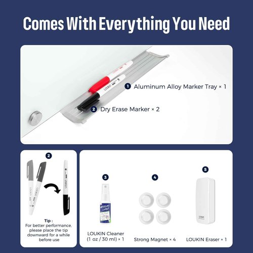 Loukin Glass Whiteboard for Wall, Magnetic Dry Erase Glass Board, Framless Surface White Board for Office, School, Dry Erase Whiteboard Set Includes Cleaner & Eraser & Marker (24" x 36")