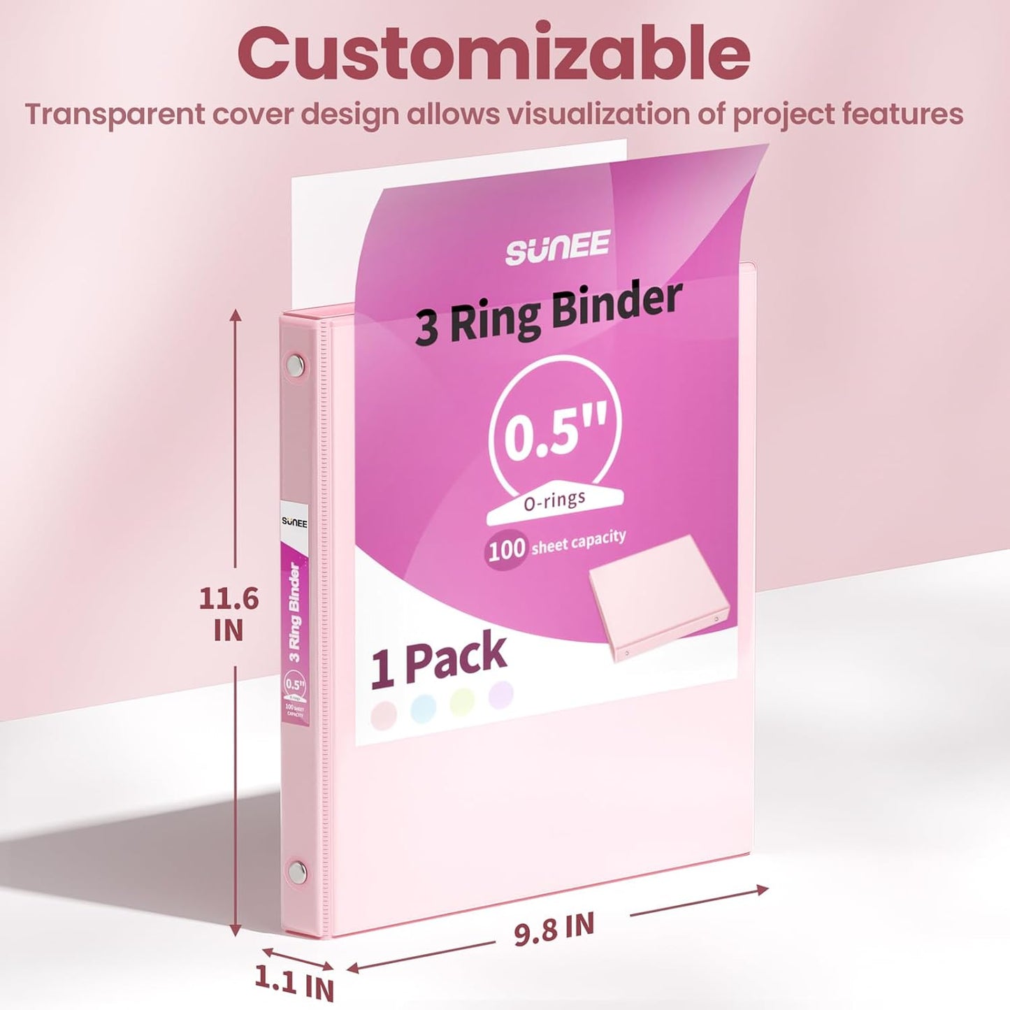 SUNEE 3 Ring Binder - PVC-Free Clear View Design | Fits 8.5x11 Inches - Pink, Perfect for School & Office