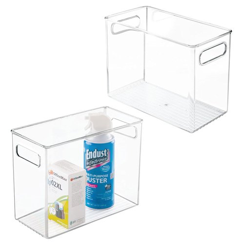 mDesign Tall Plastic Office Storage Bin with Handles - Organizer Bins for Cabinets, Drawers, Desks, Workspace - Containers and Baskets for Pens, Pencils, Highlighters and Notebooks - 2 Pack - Clear