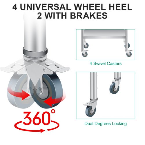 Stainless Steel Prep Table, 30 x 24 Inches, with Backsplash, Adjustable Undershelf and 4 Caster Wheels, Commercial Heavy Duty Table with Adjustable Under Shelf for Outdoor Use,Restaurants,Hotels,Works
