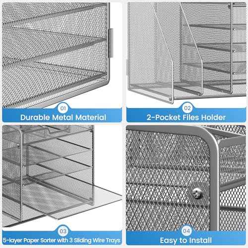 Lavatino 5-Tier Metal Mesh Desk Organizer with 2 File Holders & 7 Customizable Compartments | Paper Letter Tray for Office or Home Desk Storage | Keep Workspace Supplies Neat & Organized, Silver