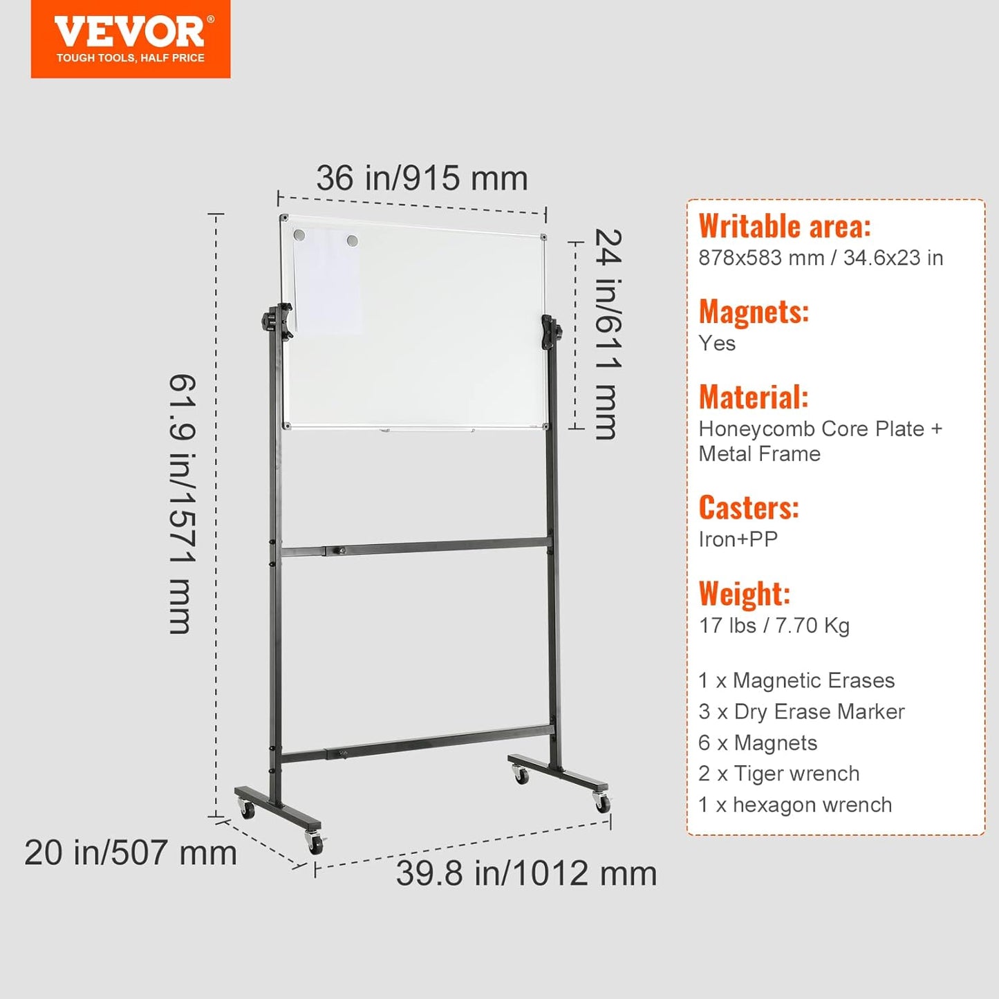 VEVOR Double-Sided Rolling Magnetic Whiteboard - 36x24 Inches, Adjustable Height with Wheels & Tray