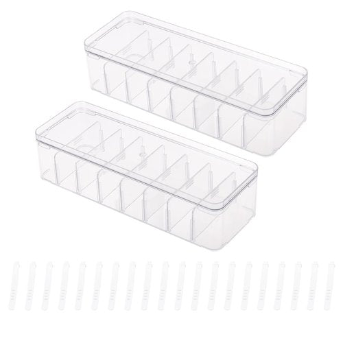 Yesesion 2pcs Clear Plastic Cable Organizer Boxes with Adjustment Compartments, Desk Accessories Storage Case with Lid and 20 Wire Ties for Drawer, Office Supply, Electronic Management