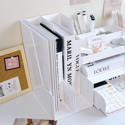 YUNNO Clear Magazine Holder, 2-Pack PET Document Holder for Desk, Vertical File Organizer for Desk, Clear Plastic Organizer Bins Holding for Magazines, Binders, Notebooks, Envelopes (White)