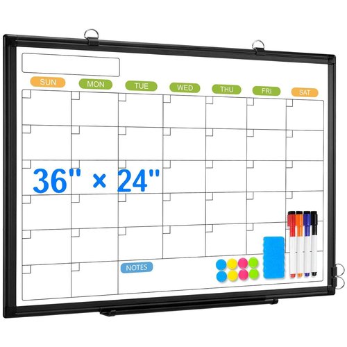 Dry Erase Calendar Whiteboard for Wall, 36" x 24" Double-Sided Magnetic Monthly WhiteBoard Calendar Dry Erase, Wall Hanging Aluminum Frame with Tray for Home, School, Office