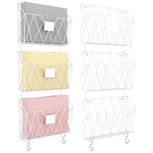 YBING Wall File Organizer White 6 Pack Mesh Hanging File Holder Organizer Metal Wire Mail Organizer Wall Mounted Office Papers Holder Hanging File Folders With Hooks