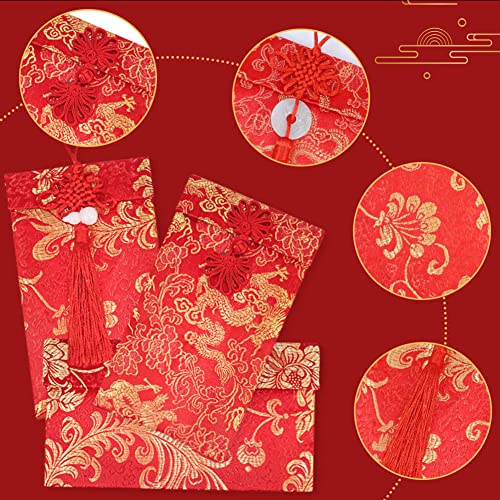 4 Pieces Red Silk Envelope Set with Chinese Knot Jade Pendant Lucky Money Hong Bao for Spring Festival & Weddings - Variation 4