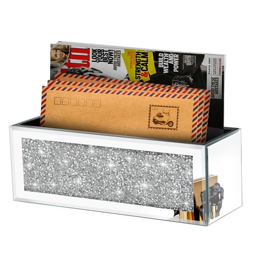 Azonsdop Crystal Crush Diamond Mail Organizer Countertop, Mirrored Wall Mount Letter Holder, Silver Mail Tray, Mail Holder Box for Desk, Mail Basket for Counter, Mail Storage Organizer