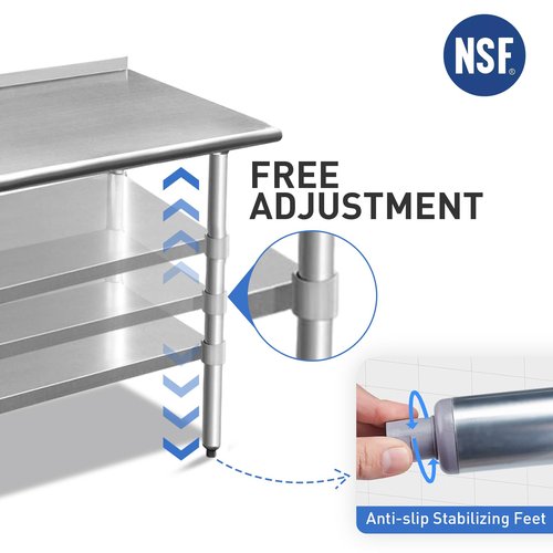 ROCKPOINT Stainless Steel Table for Prep & Work with Backsplash 14x24 Inches, NSF Metal Commercial Kitchen Heavy Duty Table with Adjustable Under Shelf and Table Foot for Restaurant, Home and Hotel