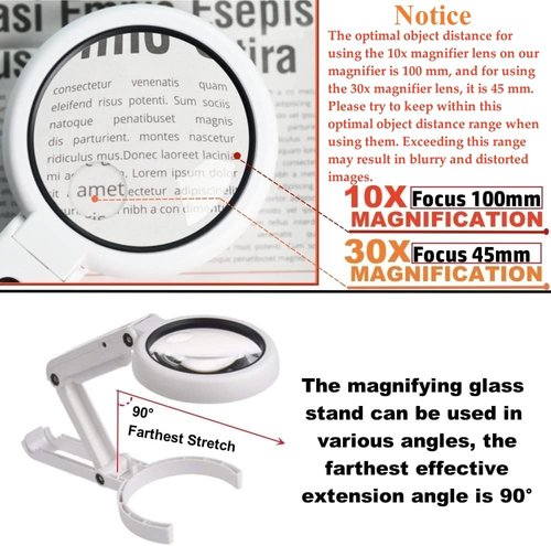 30X 10X Magnifying Glass with Light and Stand, Foldable Handheld Magnifying Glass & 2 Level Dimmable for Macular Degeneration, Seniors Reading, Close Work, Coins, Jewelry, Powered by Battery or USB