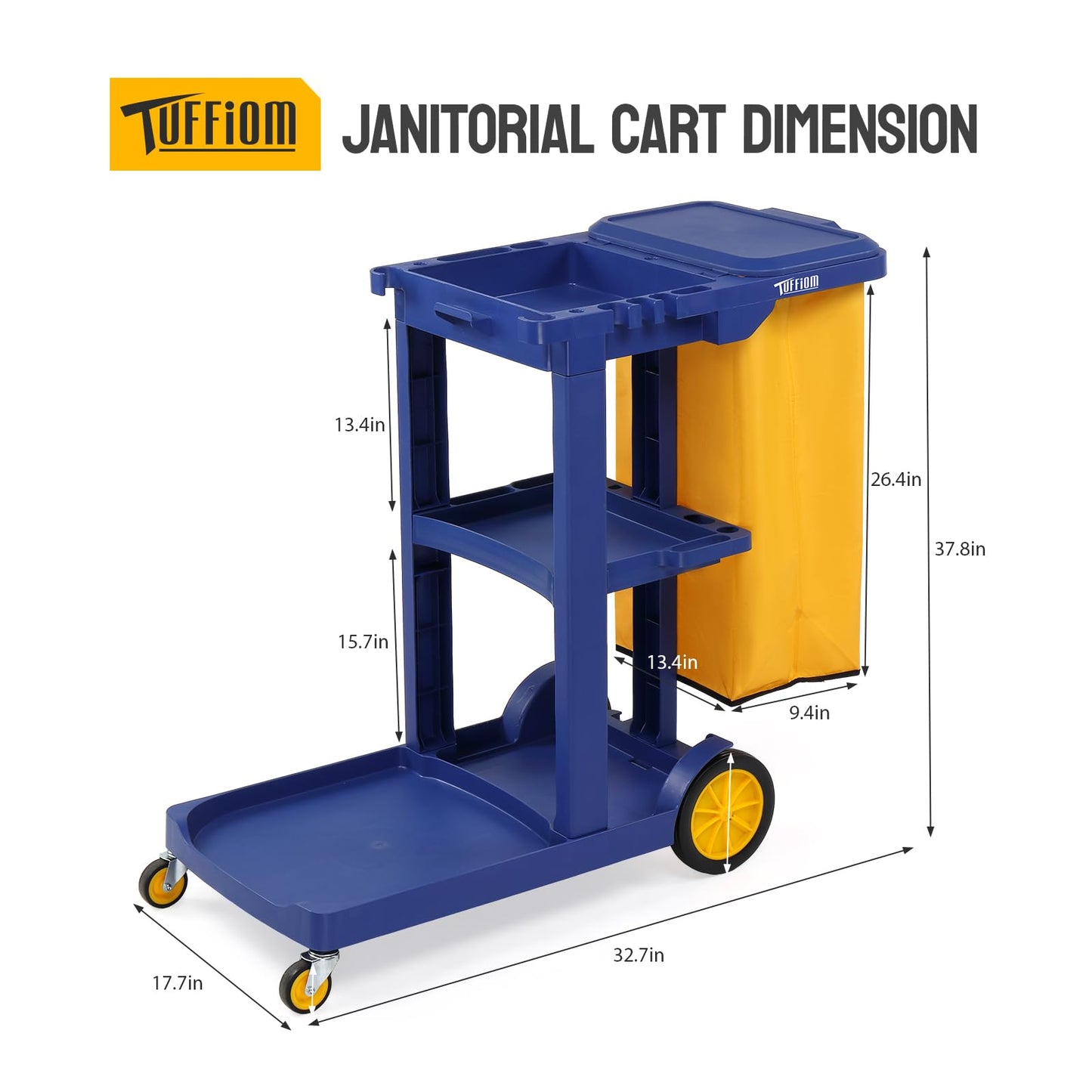 TUFFIOM Commercial Traditional Cleaning 3-Shelf Janitorial Cart, 500 Lbs Capacity Housekeeping Cart, Wheeled with Yellow VinylBag and Cover w Lid, Blue,