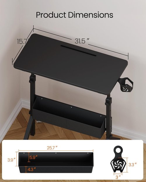 ErGear Mobile Standing Desk - Adjustable Height 28.3″ to 46.1″ | Rolling Laptop Cart with Cup Holder & Storage Basket - Black (31.5″ x 15.75″)