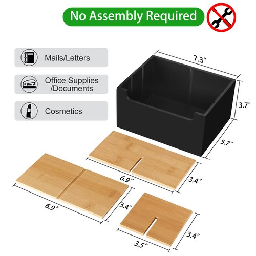 Desk Organizer Caddy with Adjustable Bamboo Dividers, Black Office Pen Holder for Desk, Small Mail Holder Bill Organizer with 5 Slots, Wood Workspace Organizer for Letter, Postcard, Remote Control