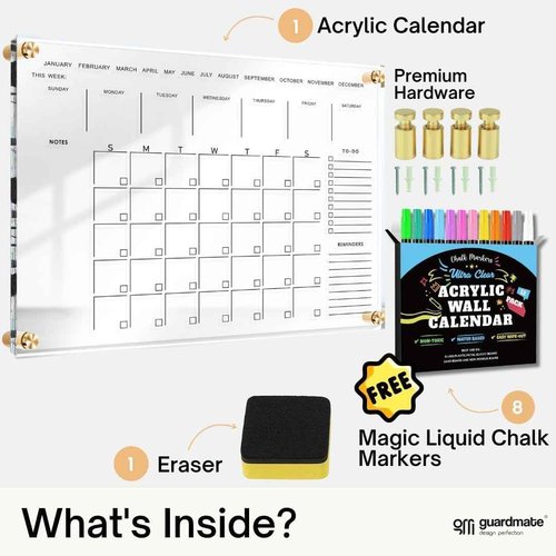 Classic Acrylic Calendar for Wall | Oversize| Clear Home Office Glass Calander Dry Erase Board Large Reusable Whiteboard Big Monthly Family Planner 9X Liquid Chalk Markers (24" X 18")