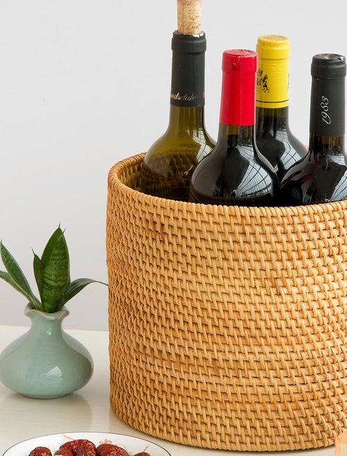 I-LAN Natural Rattan Bread Basket Barrel,Rattan Decor Dried Flower Artificial Greenery Plants Holder,Wicker Flower Pot Cover for Indoor Planter,Rattan Desk Waste Basket,9.5"x9.5"x8.3"