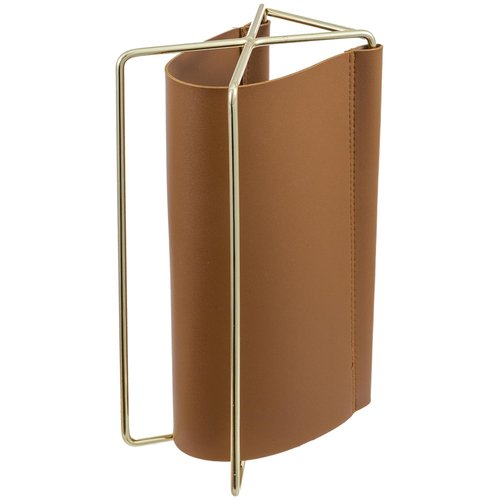 MyGift 10 Inch Mid Century Caramel Leatherette Mail Sorter Letter Holder Rack with Brass Tone Metal Frame, Faux Leather Sling Style Office Desk Card Envelope Organizer Stand