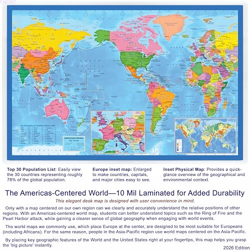 2-Sided Desk Map with Durable Lamination - US & US Centered World Map, 17.5 x 11.5 inches - NewSpaceView (Variation: US Map / US Centered World Map)