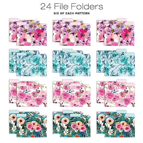 Global Printed Products Deluxe Designer Hanging File Folder Kit, Includes Metal Hanging Basket, 12 Hanging Folders, 24 File Folders, 1/3 Cut Tab, Assorted Positions, Letter Size (Floral)