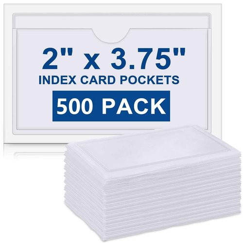 Outus 500 Pack Self Adhesive Index Card Holder Clear Plastic Label Pockets with Top Open for Loading Sticky Business Card Sleeves for Storage Bins Library Organizing Photo Protecting(4.06 x 2.48 Inch)