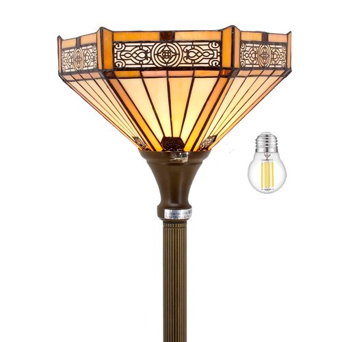 WERFACTORY Tiffany Floor Lamp Yellow Hexagon Stained Glass Mission Light 12X12X71 Inches Torchiere Standing Corner Torch Uplight Decor Bedroom Living Room Home Office S011 Series
