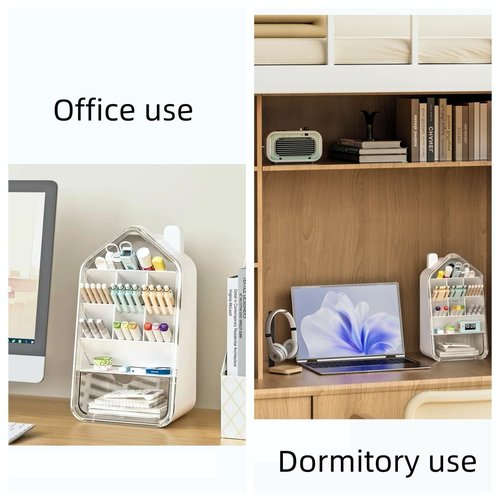 45° Angled Pen Holder with Drawer – Space-Saving 3-Compartment Desk Organizer, Dust-Proof Storage for Office Supplies, Makeup, and Accessories – Desktop Organizer for Home, Office, and Dorm