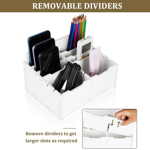 Ozzptuu Wooden 12-Compartment Desktop Organizer Multifunctional Storage Box Desk Supplies for Cell Phones Holder White (12-Grid)