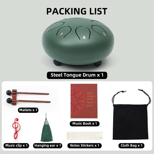 Rain Drum for Outside Garden, 6 Inches 8 Notes Steel Tongue Chakra Drums, Waterproof Meditation Rain Chime, Musical Instruments for Adult Gift with Bag, Drum Mallets, Music Book (Green)