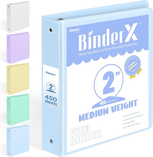 BinderX 2-Inch Extra Durable 3 Ring Binder - Customizable View Cover | Fits 450 Sheets, Blue