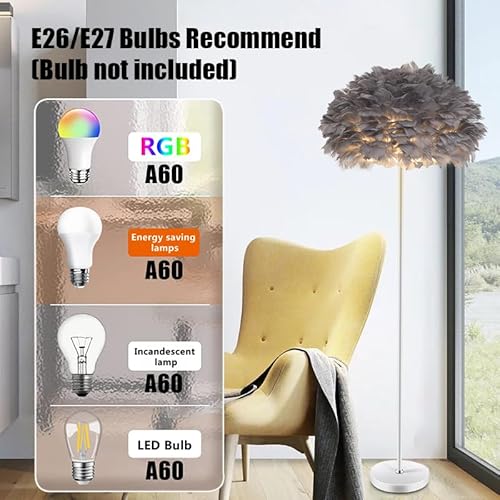 Modern Grey Feather Floor Lamp,Tall Standing Lamp for Living Room,Bedroom,Office Decor with Goose Feather Shade,Stable Metal Base, Eye-Friendly Soft Light,Foot Switch,59 Inch Height