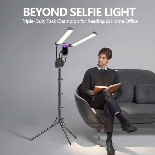BeeMingle Selfie Light with 75'' Tripod Stand, Dimmable 3 Color LED Dual Arms Ring Light with Phone Holder & Carry Bag for Lash Tattoo Video Photography 45W 95CRI Tripod Floor Lamp