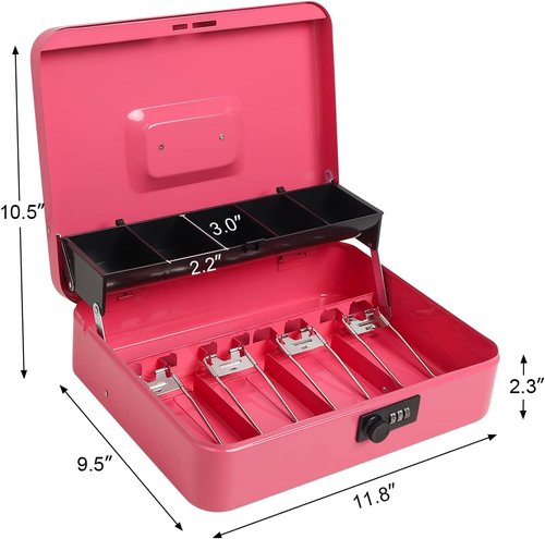 Regine Switzerland Cash Box - Secure Metal Lock Box with Money Tray | Pink Color
