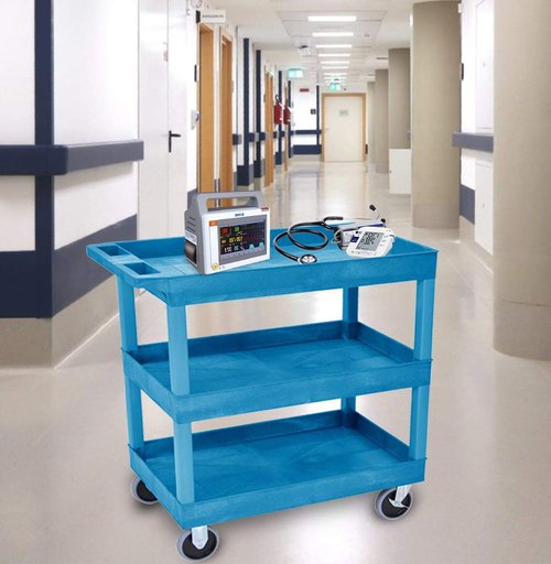 Luxor Three Shelf Heavy Duty High Capacity Tub Cart with Handle - 18"D x 35.25"W x 37.25"H, Plastic, Blue