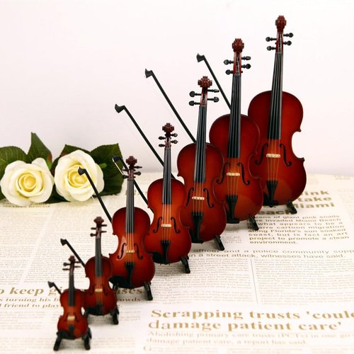Wooden Miniature Violin with Stand, Bow and Case Mini Musical Instrument Replica Collectible Figurines, Mini Violin Model for Home Office Decor Birthday Christmas (2.36x0.83x0.47in)