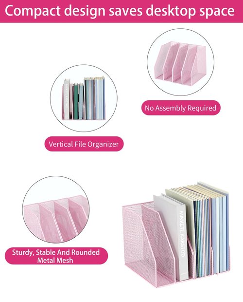 AUPSEN File Organizer for Desk, 4-Pack Magazine Binder Holder Desk File Organizer, Mesh File Folder Organizer for Home Office Organization (Pink)