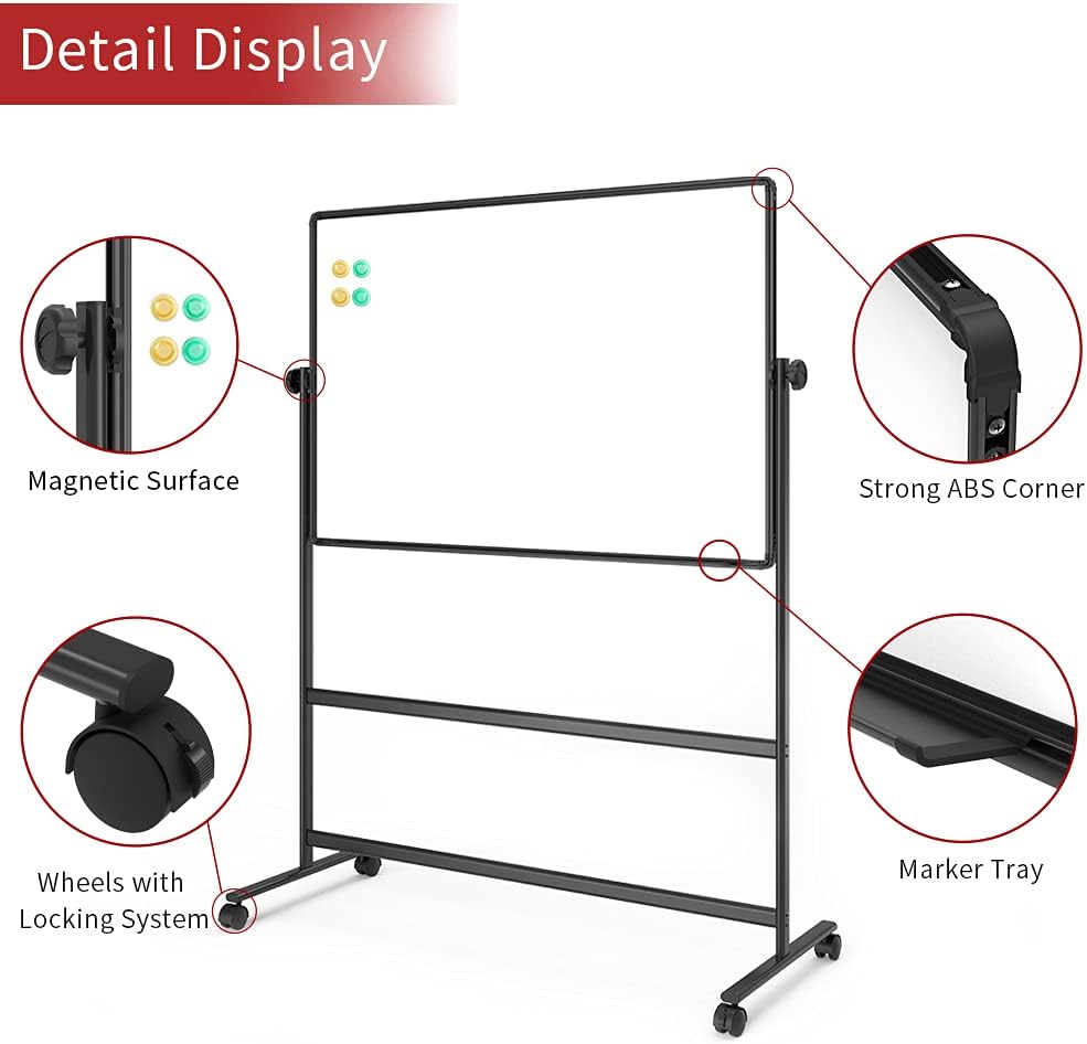 VIZ-PRO Double-Sided Magnetic Whiteboard - 48 x 32 Inches, Height Adjustable, Includes Markers & Accessories