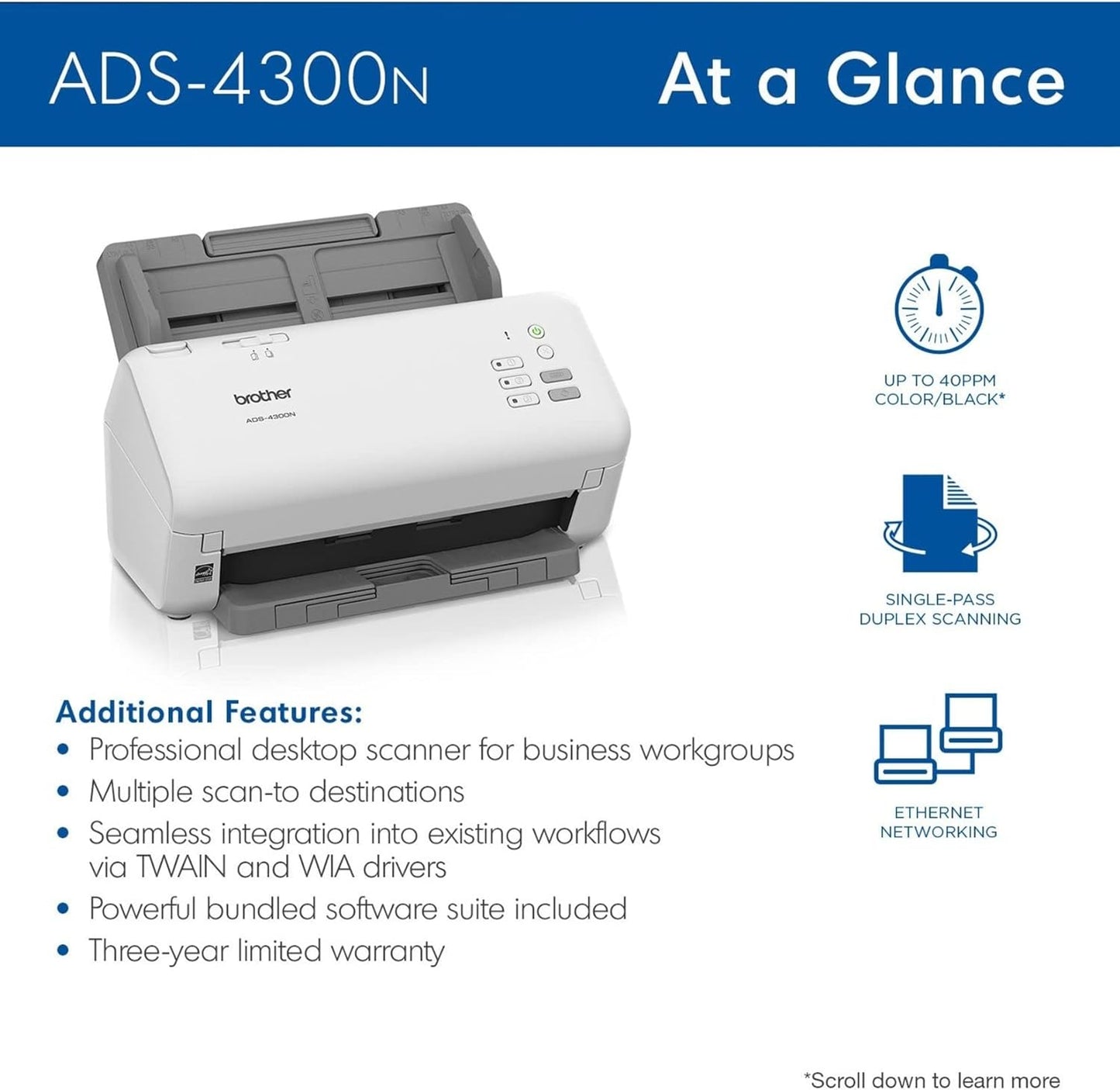Brother ADS-4300N Professional Desktop Scanner - Fast Duplex Scanning & Networking | White