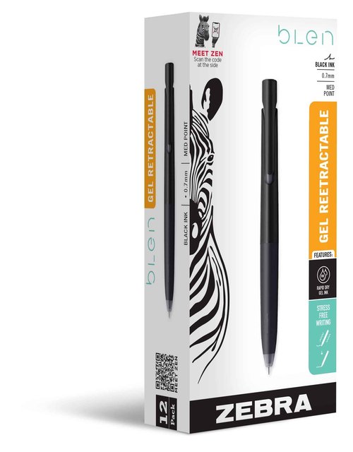 Zebra Pen bLen Retractable Gel Pen, Black Barrel, Medium Point, 0.7mm, Black Ink, (41410) - (Case of 6 packs, 72 Count Total)