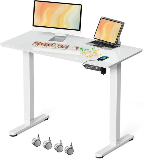 JOY Worker Electric Standing Desk - Height Adjustable 40" x 20" Glass Workstation | White Finish