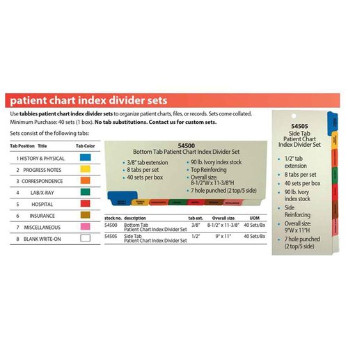 Tabbies 8-Bottom Tab Medical Chart Index Set , Red, Brown, Blue, Orange, Yellow, Green , 8-1/2" x 11-3/8"