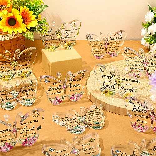 Pinkunn 12 Pcs Acrylic Christian Religious Gifts for Women Butterfly Scripture Church Gifts with Bible Verse and Prayers Inspirational Keepsake Faith Paperweight Bulk for Church