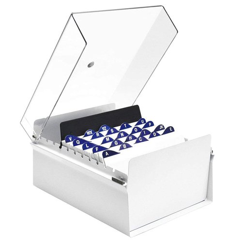 Acrimet 5 X 8 Card File Holder Organizer Box Metal Base Heavy Duty (AZ Index Cards and Divider Included) (White Color with Clear Crystal Plastic Lid Cover)