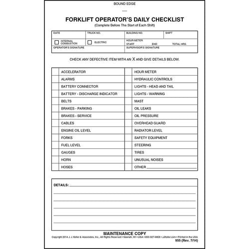 Forklift Operator Daily Checklist 25-pk. - Book Format with 31 Sets, 2-Ply with Carbon, 5.5" x 8.5", Safety & Maintenance Forklift Checklist Inspection Book, J. J. Keller & Associates, Inc.