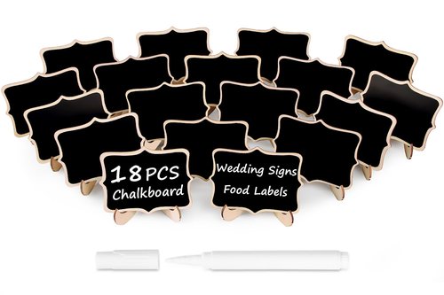 Herda 18 PCS Mini Chalkboard Signs with Easel Stand, Wooden Blackboard Labels for Wedding Celebration, Name/Place Cards, Food Labels for Party Buffet, Reusable Signs/Message Boards/Table Numbers etc.