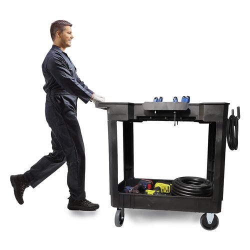 Aain 2 Shelf Heavy Duty Plastic Utility Cart, Supports Up to 500 Pound Black Rolling Utility Cart. 34 x 17 Inch Service Cart, 2 Fixed 2 Swivel Wheels, Ergonomic Handle Great for Warehouse, Garage.